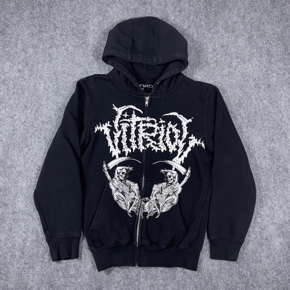 Vitriol Graphic Zip Hoodie Mens XS Black Reaper Skeleton Streetwear